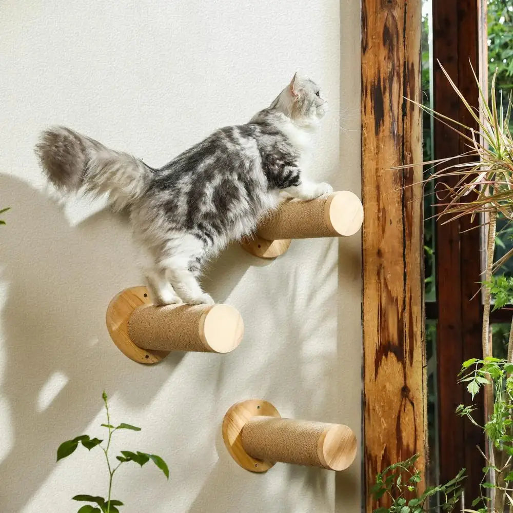 Wooden Wall Mounted Cat Climbing Shelf Scratching Post with Ladder or Cat Hammock Pet Cat Furniture for Grinding Claws and Perch