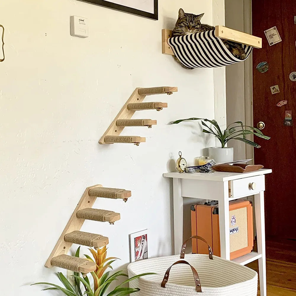 Wall Mounted Cat Scratching Posts Hammock Shelves With Solid Wooden Steps Pedals Furniture For Indoor Cats Kittens Sleeping