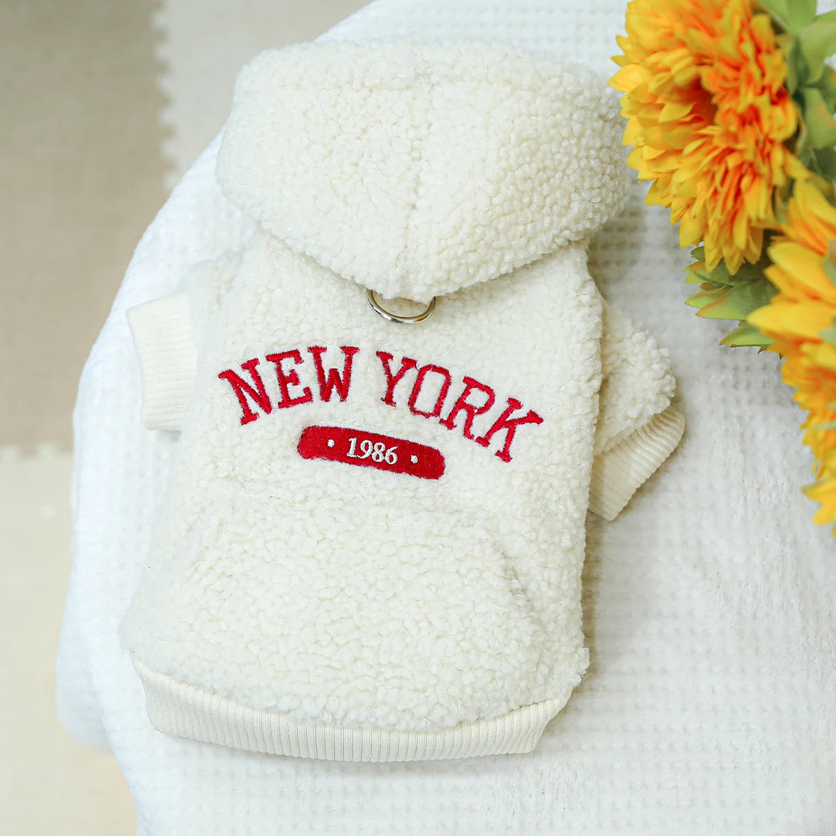 Warm White New York Pet Hoodie Coat for Small and Medium Sized Dogs