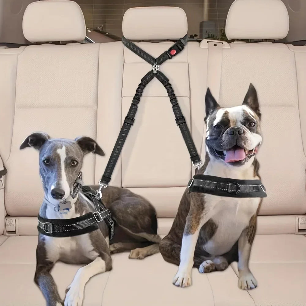 Double Dog Safety Belt Pet Car Headrest Restraint Safety Seatbelt Adjust Elastic Splitter Connect Harness in Travel for 2 Dogs