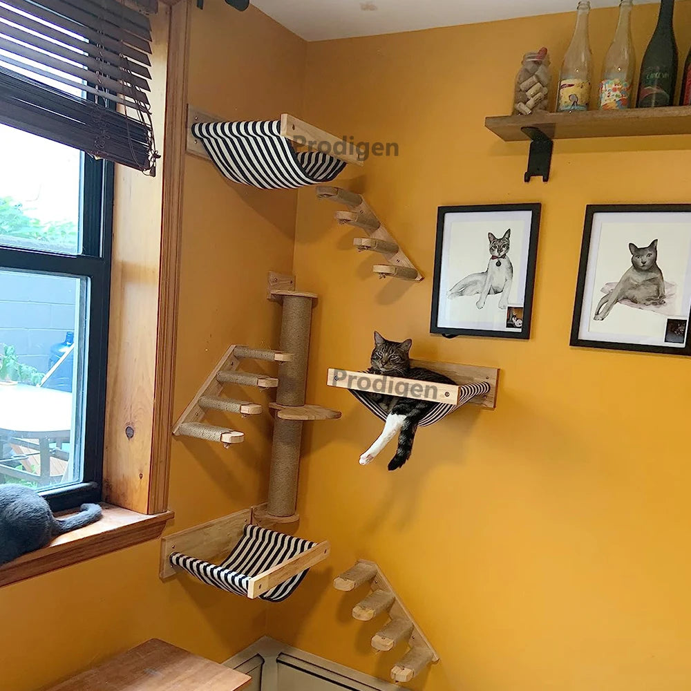 Wall Mounted Cat Scratching Posts Hammock Shelves With Solid Wooden Steps Pedals Furniture For Indoor Cats Kittens Sleeping