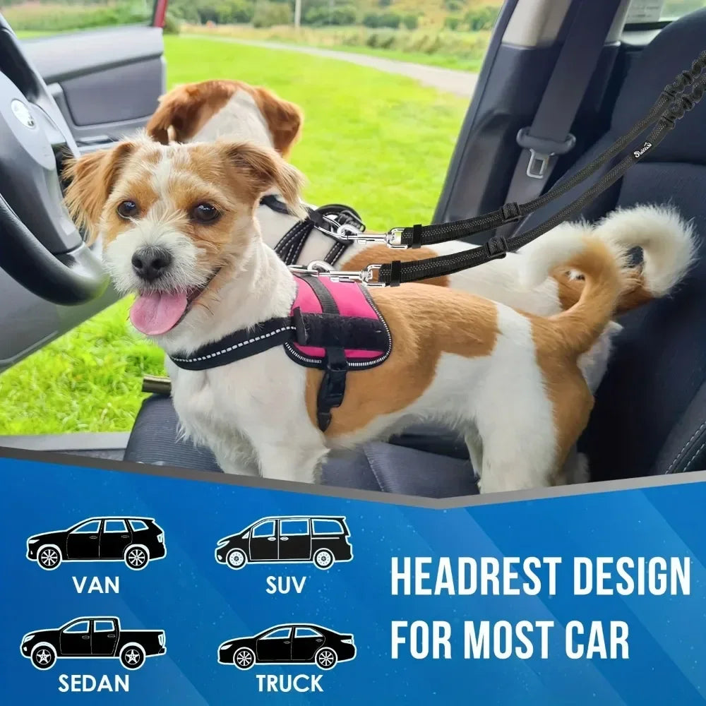 Double Dog Safety Belt Pet Car Headrest Restraint Safety Seatbelt Adjust Elastic Splitter Connect Harness in Travel for 2 Dogs