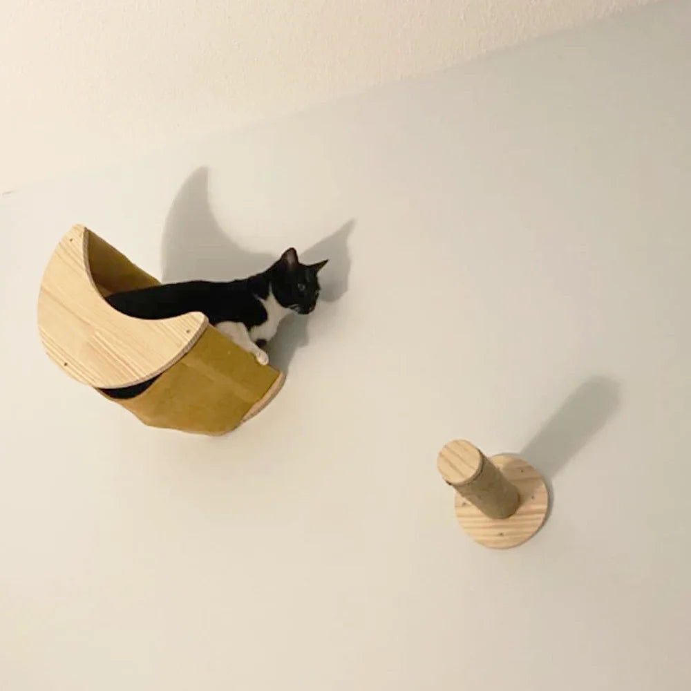 Wall Mounted Cat Hammock Moon Shaped Wooden Ladder Scratching Post Wall Pet Furniture for Cat Playing and Sleeping