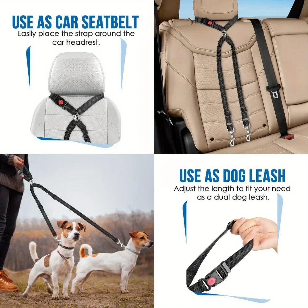 Double Dog Safety Belt Pet Car Headrest Restraint Safety Seatbelt Adjust Elastic Splitter Connect Harness in Travel for 2 Dogs