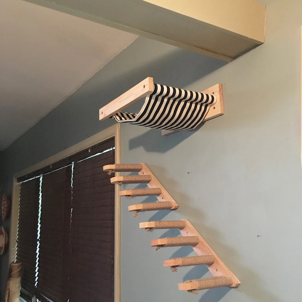 Wall Mounted Cat Scratching Posts Hammock Shelves With Solid Wooden Steps Pedals Furniture For Indoor Cats Kittens Sleeping